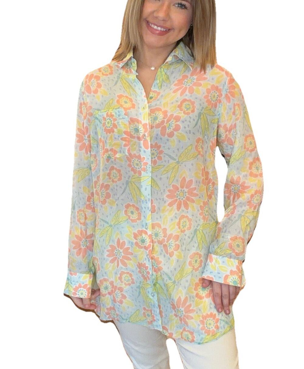 Bella Tu Floral Boho Bohemian Resort Tunic Button Blouse Jeanne D Good Vaid Sz S